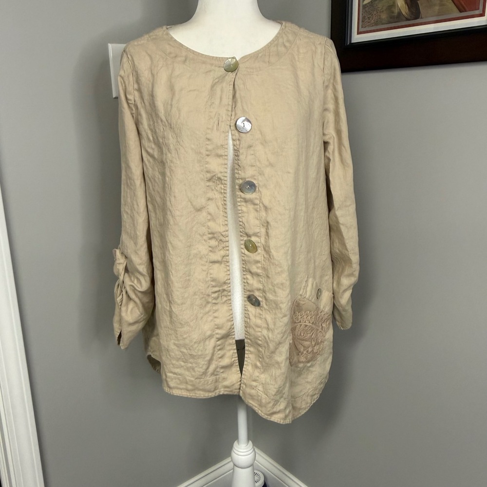 John Mark Tan Linen Blend Lace Back Button Front Jacket Small Beige Boho